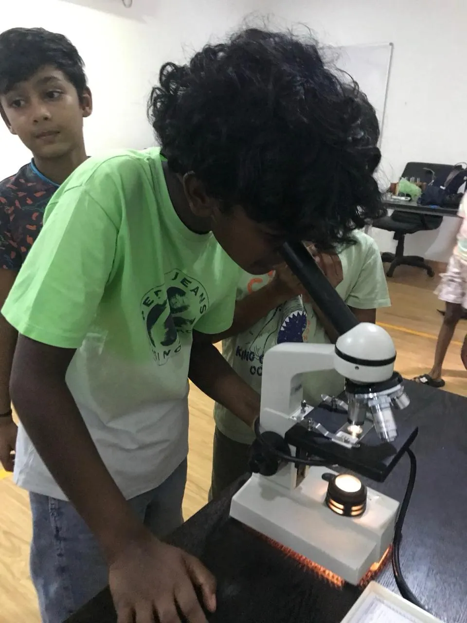 A boy looking into a microscope while another child waits his turn